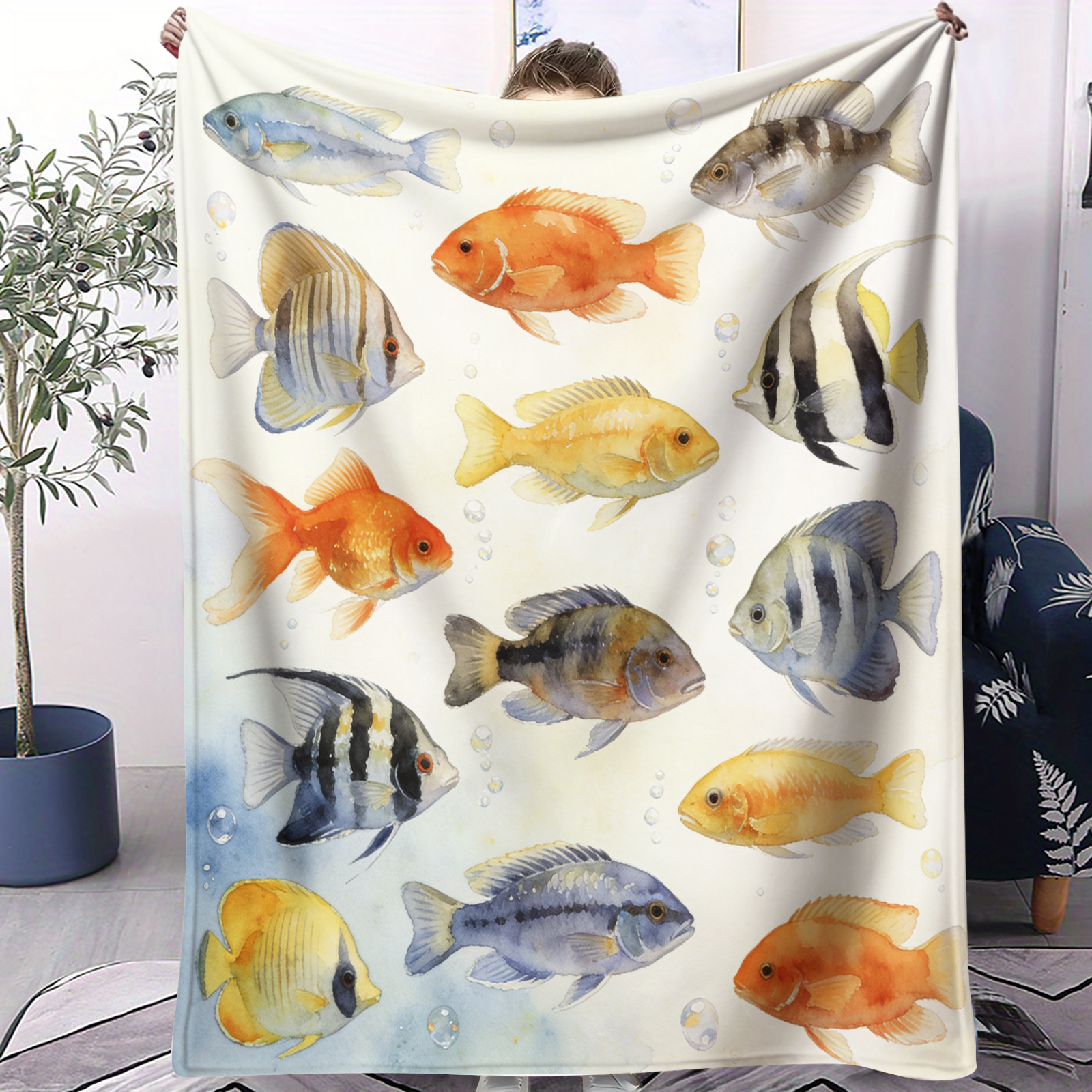 Aquarium Fish Variety - Watercolor Tropical Fish Portrait Flannel Blanket